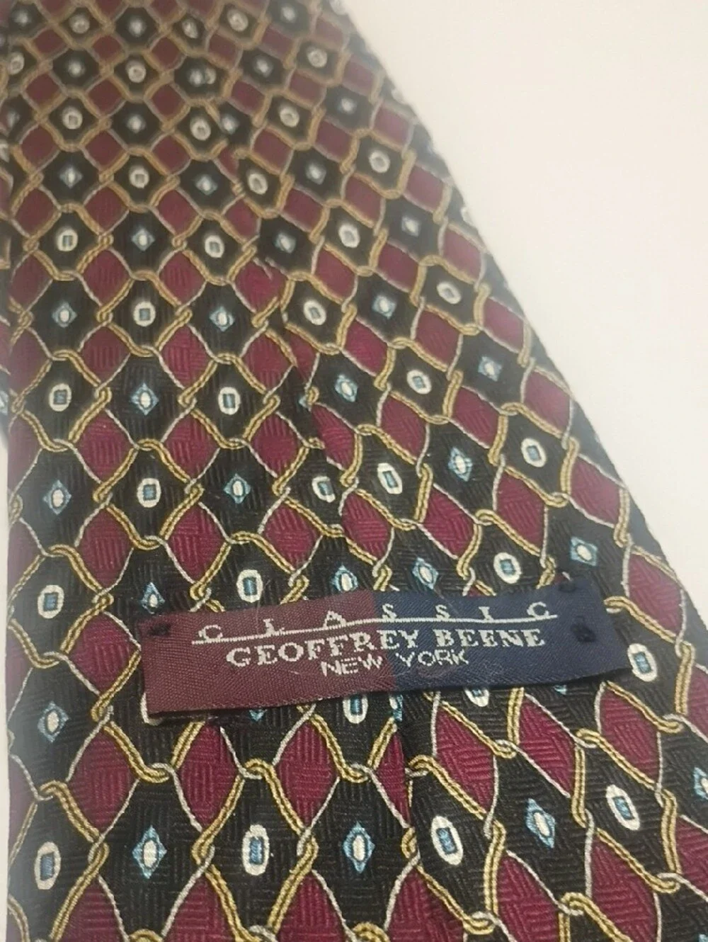 Geoffrey Beene Burgundy, Black and Gold Geometric Silk Tie 57